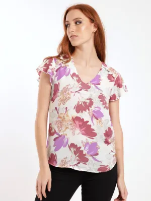 Ladies Short Sleeve Ruffle Detail Blouse - Cream