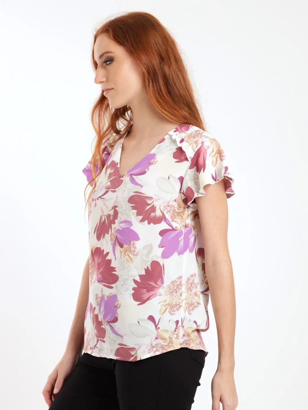Ladies Short Sleeve Ruffle Detail Blouse - Cream