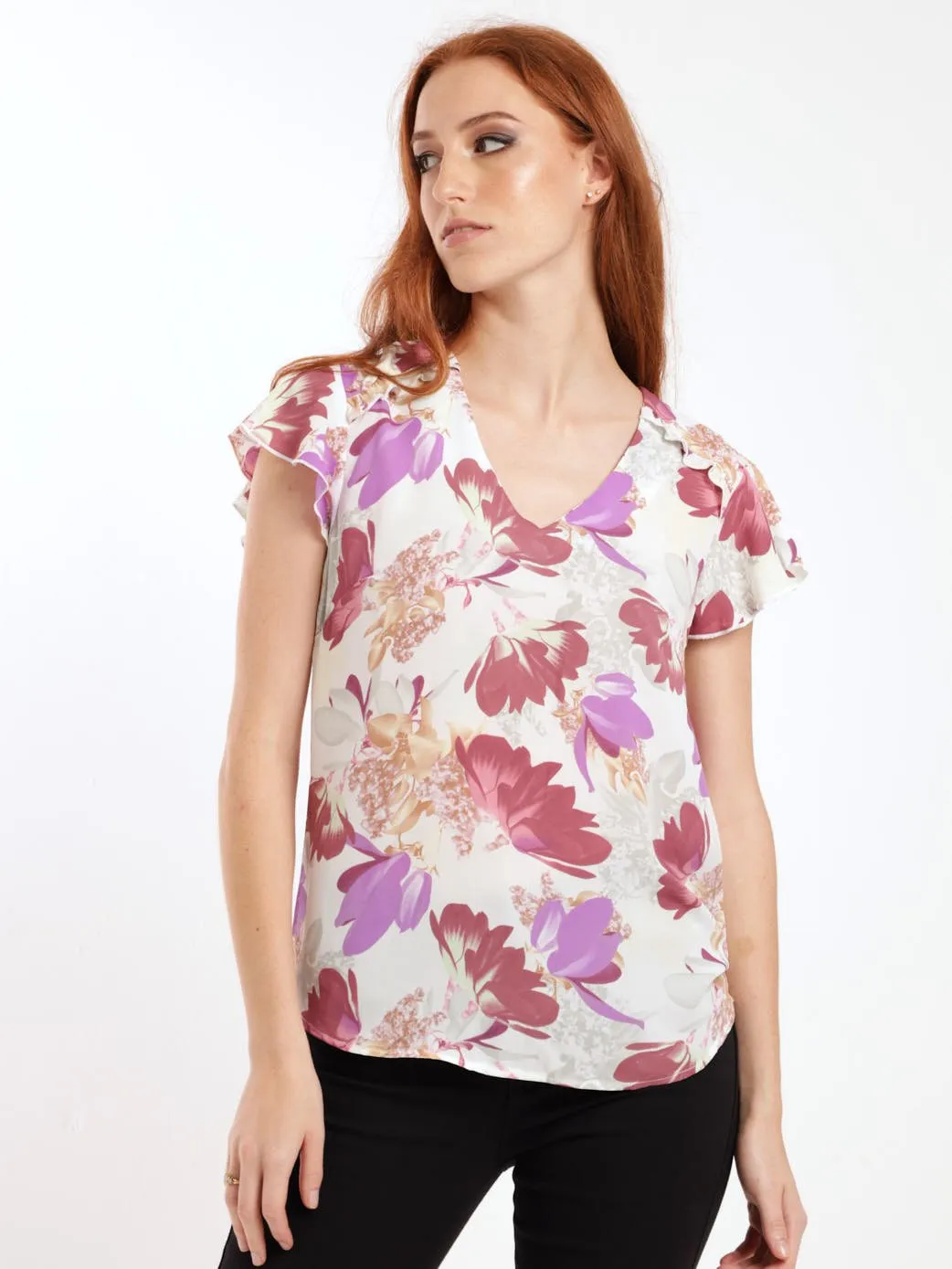 Ladies Short Sleeve Ruffle Detail Blouse - Cream