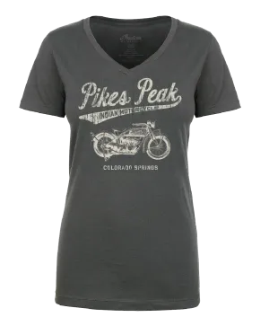 Ladies V-Neck Pikes Peak Vintage Script - Grey