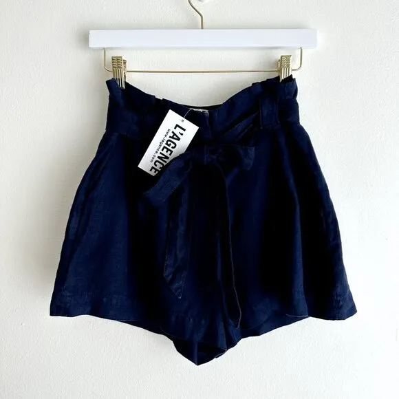 L'AGENCE Linen Shorts High Waist Paperbag Navy Blue Mini Pockets Revolve NWT.