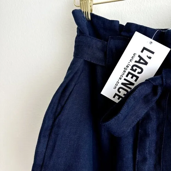 L'AGENCE Linen Shorts High Waist Paperbag Navy Blue Mini Pockets Revolve NWT.