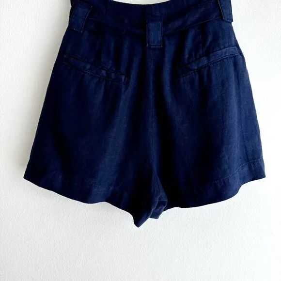 L'AGENCE Linen Shorts High Waist Paperbag Navy Blue Mini Pockets Revolve NWT.