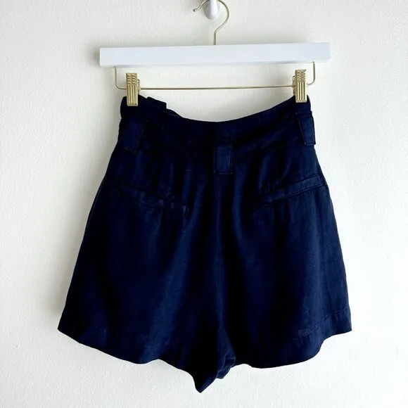 L'AGENCE Linen Shorts High Waist Paperbag Navy Blue Mini Pockets Revolve NWT.