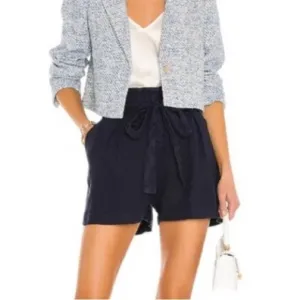 L'AGENCE Linen Shorts High Waist Paperbag Navy Blue Mini Pockets Revolve NWT.