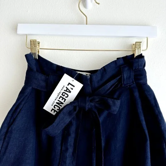 L'AGENCE Linen Shorts High Waist Paperbag Navy Blue Mini Pockets Revolve NWT.