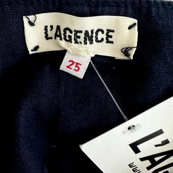L'AGENCE Linen Shorts High Waist Paperbag Navy Blue Mini Pockets Revolve NWT.