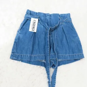 L'Agence Blue Denim Hillary Paperbag Waist Shorts with Sash Belt Size 25