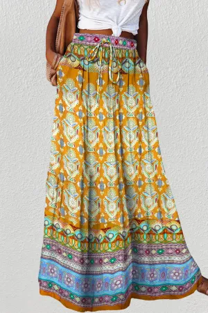 Lastic High Waist Boho Floral Maxi Skirt