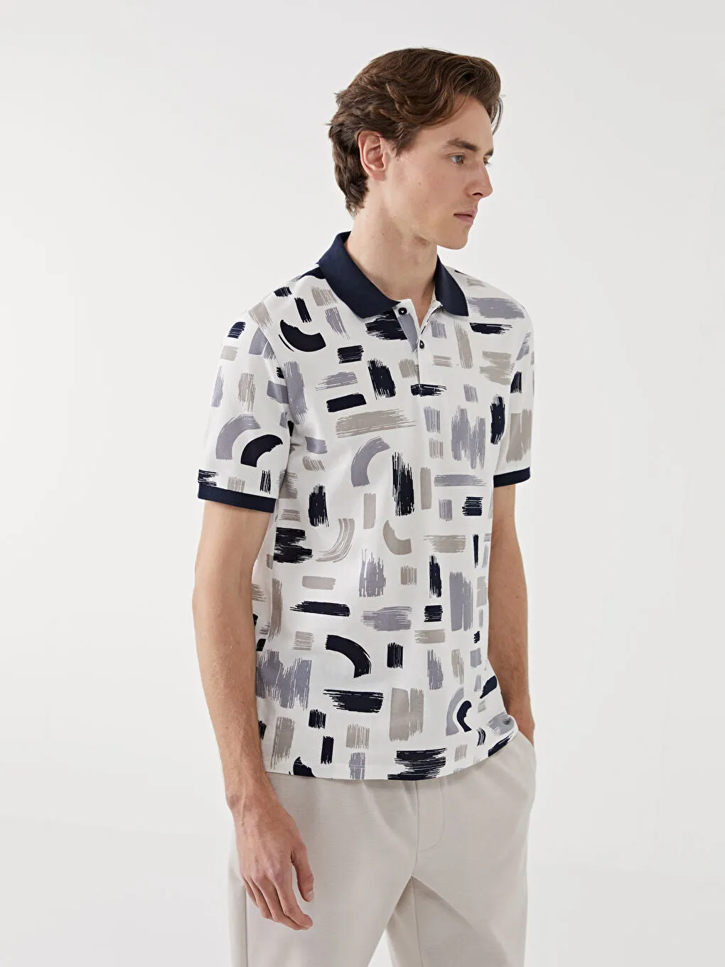 LCW Vision Green Polo Neck Short Sleeve Patterned Pique Men T-Shirt
