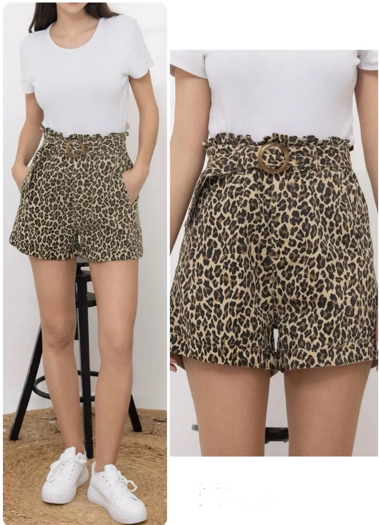 Leopard Print Denim H/W Shorts