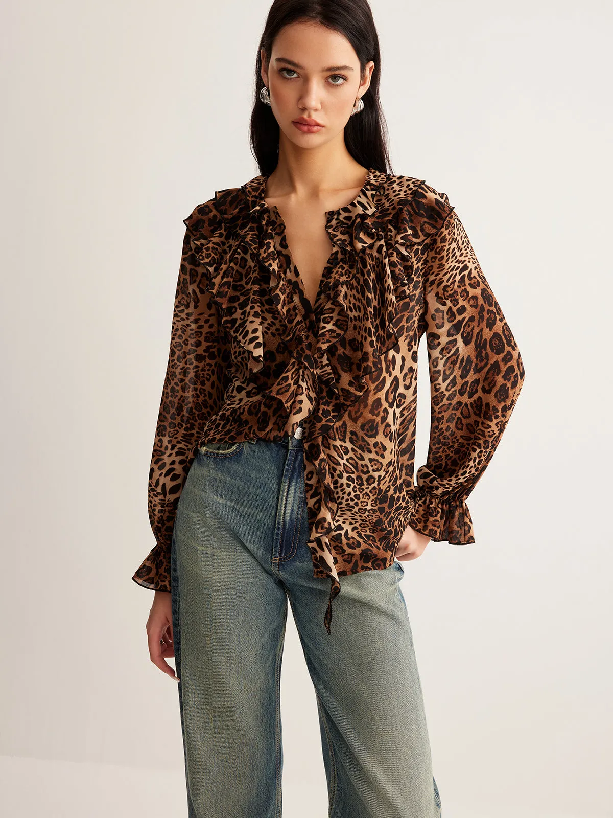 Leopard Printed Ruffle Blouse