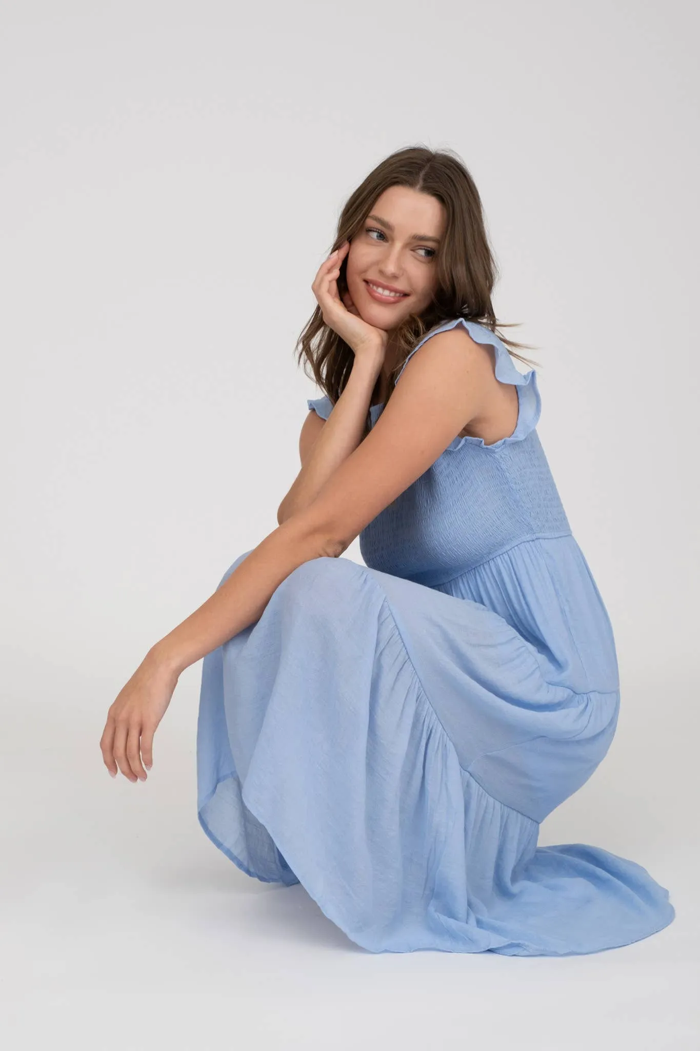 Light Chambray Smocked Tiered Midi Dress