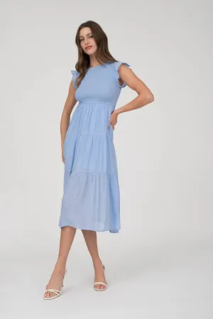Light Chambray Smocked Tiered Midi Dress