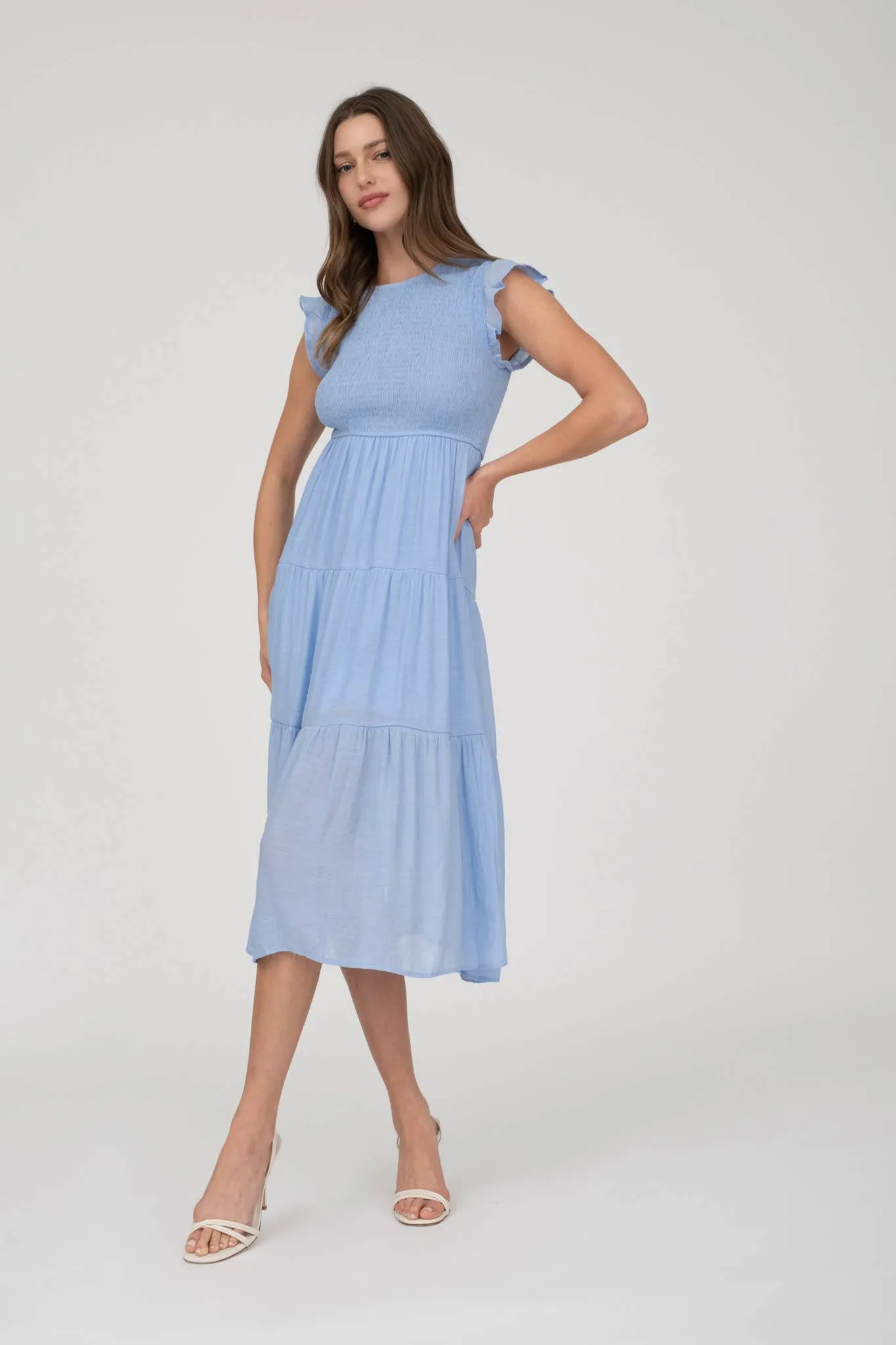 Light Chambray Smocked Tiered Midi Dress