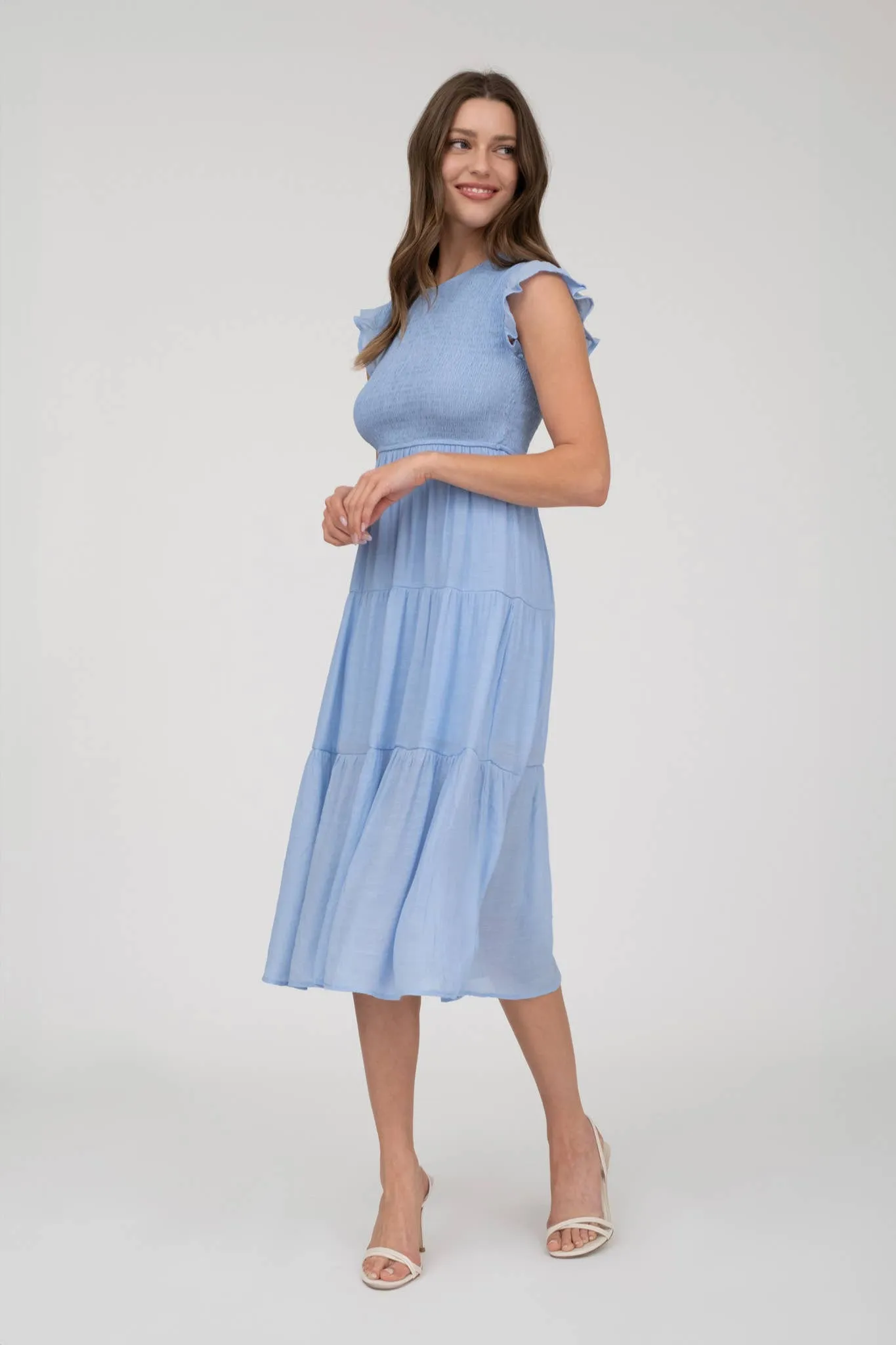 Light Chambray Smocked Tiered Midi Dress