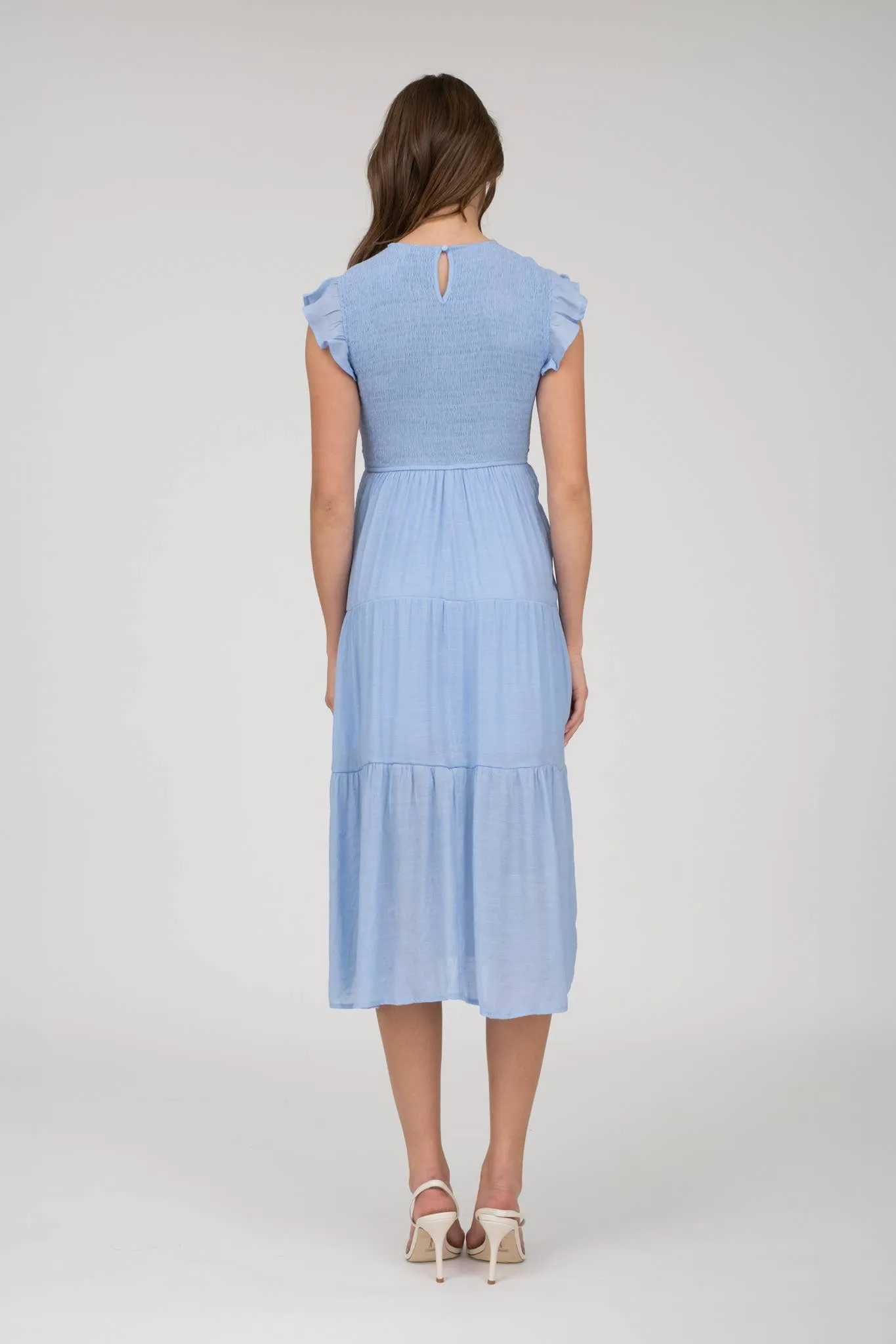 Light Chambray Smocked Tiered Midi Dress