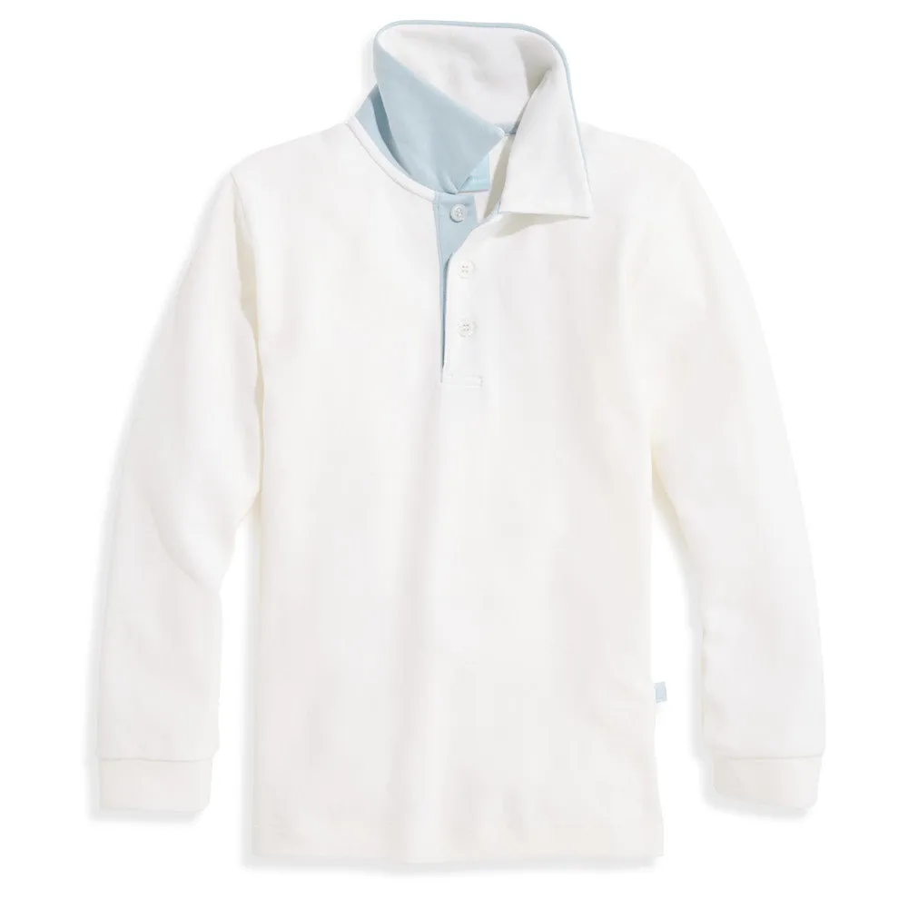 Long Sleeve Pique Polo w/ Contrast Collar -- Ivory w/ Blue