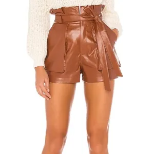 Lovers &amp; Friends Tia Faux Leather High Rise Paperbag Shorts Chestnut Brown Small