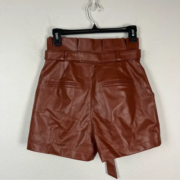 Lovers &amp; Friends Tia Faux Leather High Rise Paperbag Shorts Chestnut Brown Small
