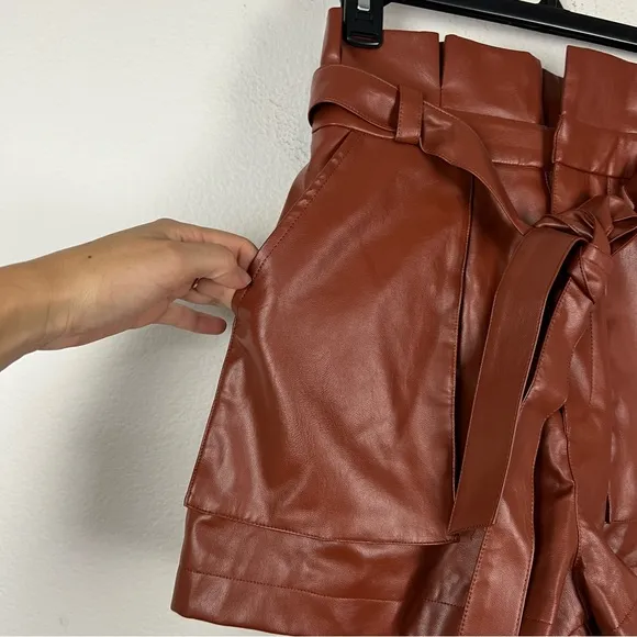 Lovers &amp; Friends Tia Faux Leather High Rise Paperbag Shorts Chestnut Brown Small