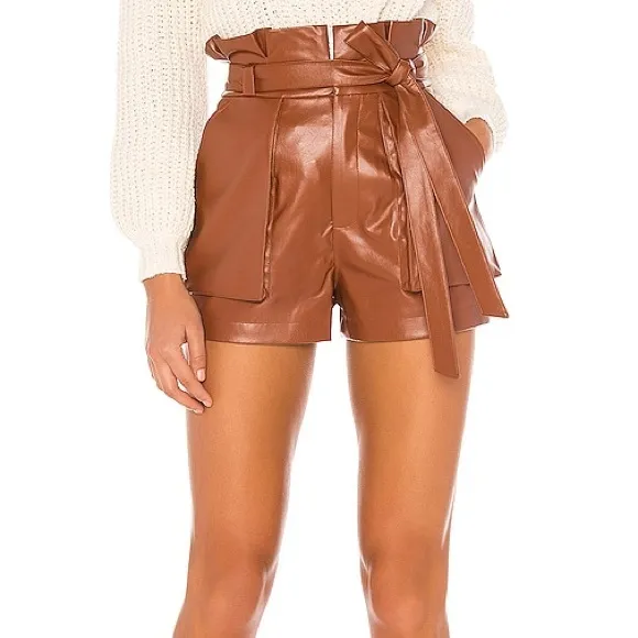 Lovers &amp; Friends Tia Faux Leather High Rise Paperbag Shorts Chestnut Brown Small