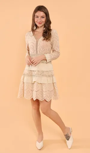 LUCIANA Tiered Eyelet Dress (Nude)