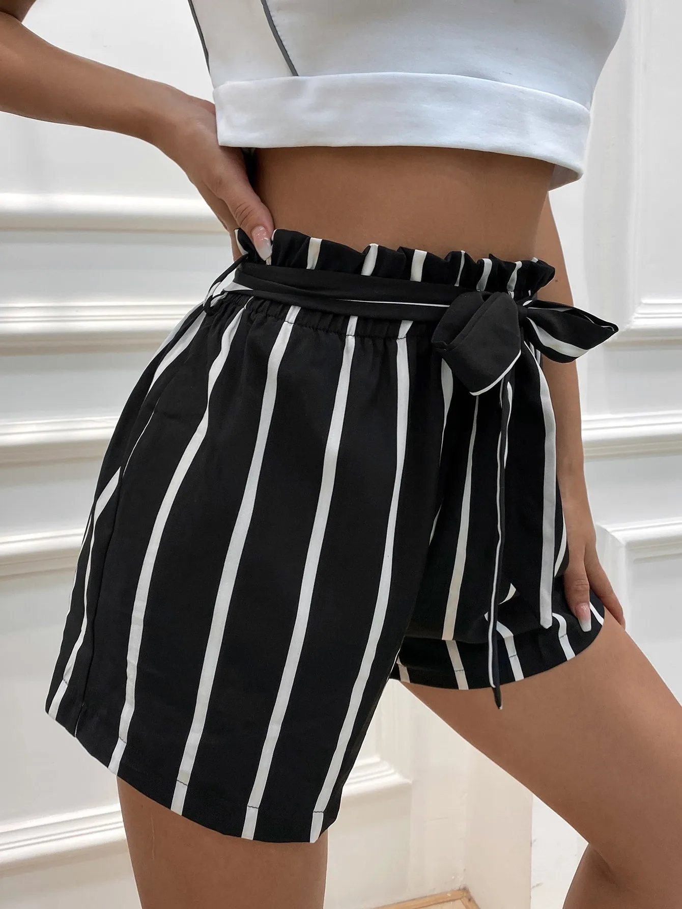 LUNE Striped Paper Bag Waist Belted Shorts