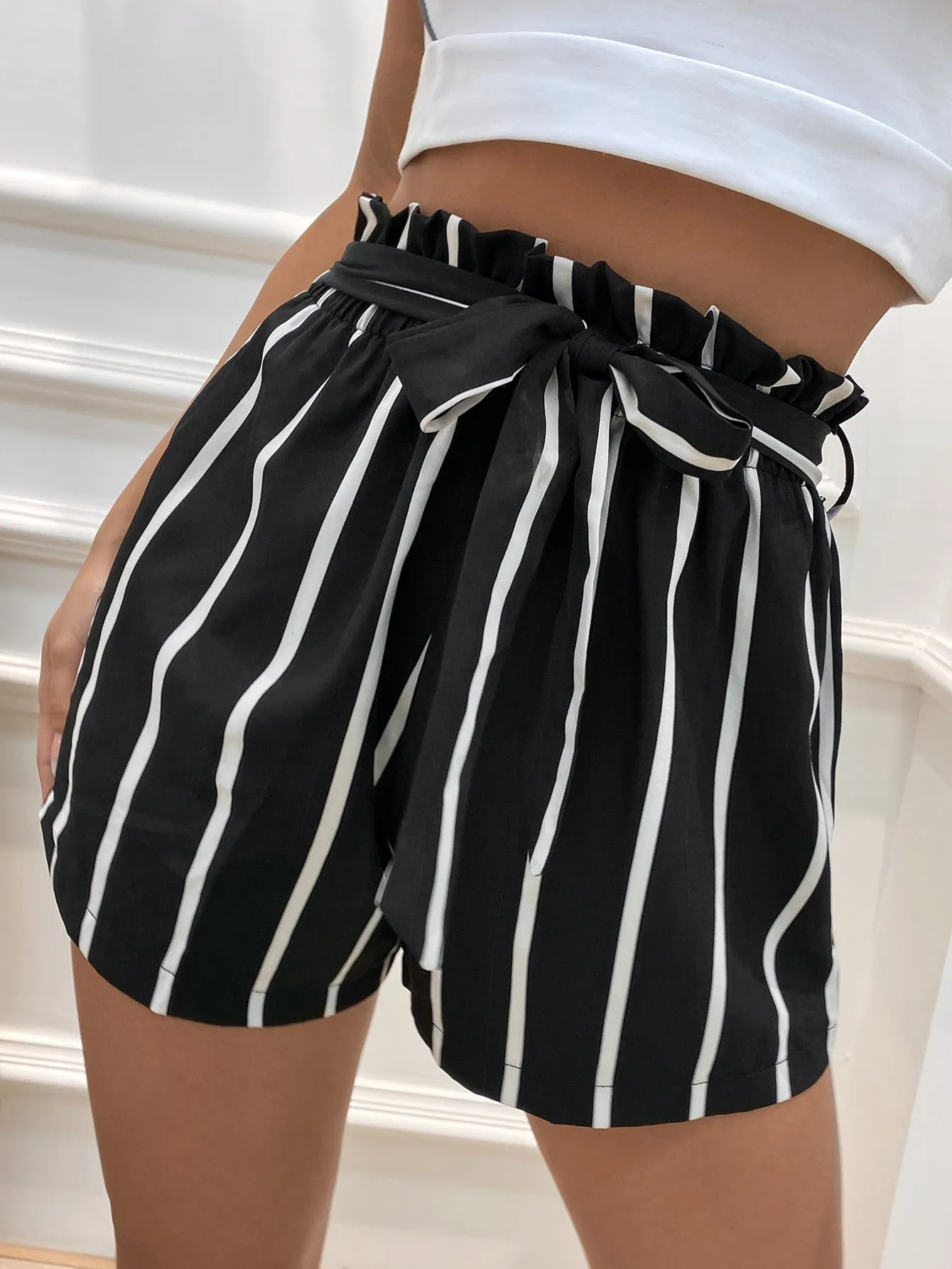 LUNE Striped Paper Bag Waist Belted Shorts