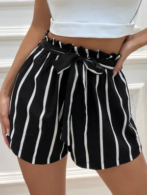 LUNE Striped Paper Bag Waist Belted Shorts