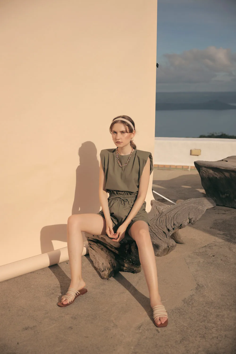 LYON SET Two Piece Paperbag Trouser Shorts with Front Pockets and Padded Sleeve Top (Olive Linen)