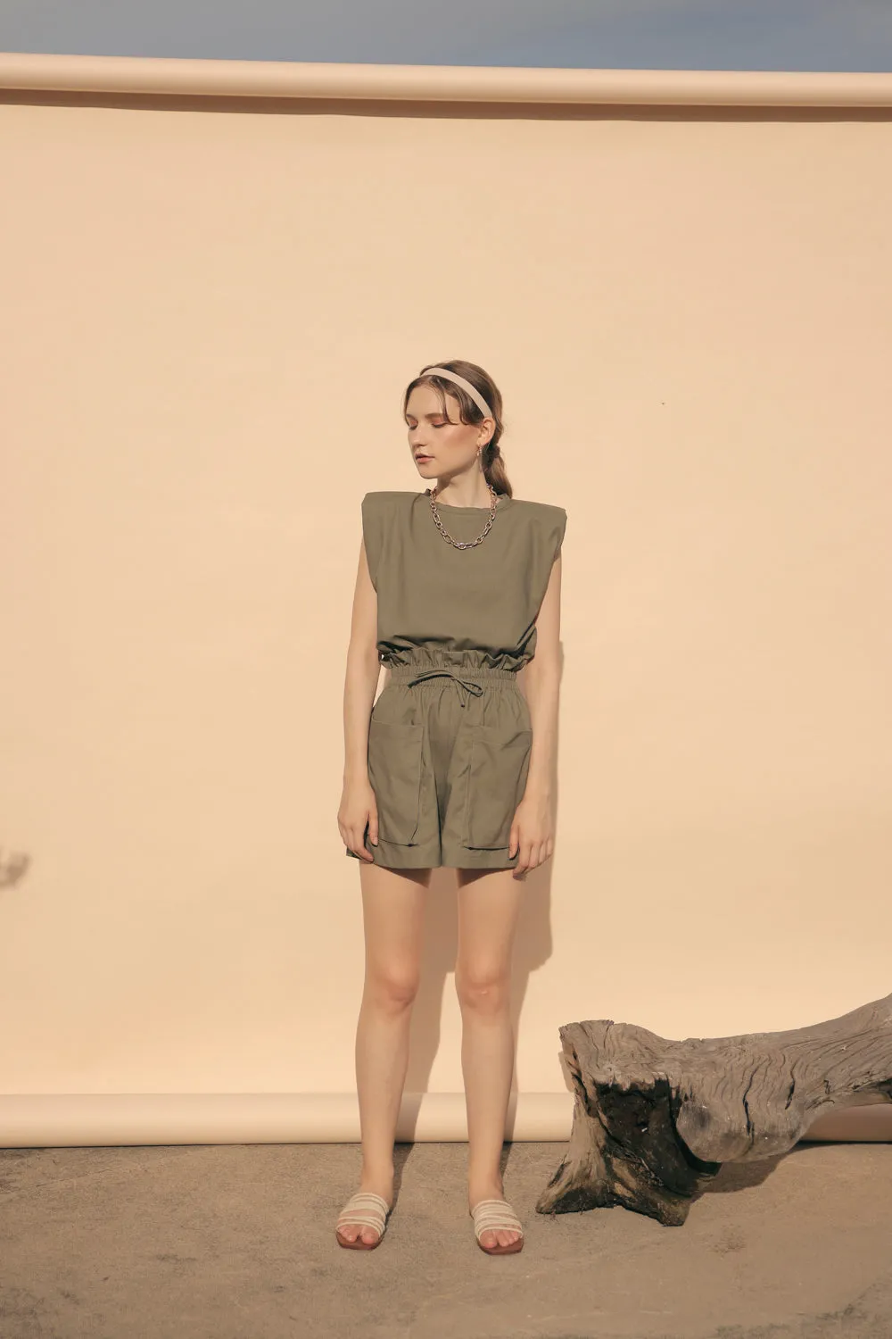 LYON SET Two Piece Paperbag Trouser Shorts with Front Pockets and Padded Sleeve Top (Olive Linen)