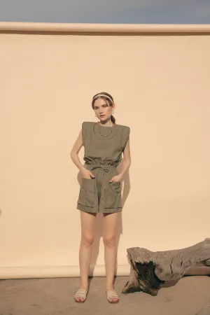 LYON SET Two Piece Paperbag Trouser Shorts with Front Pockets and Padded Sleeve Top (Olive Linen)