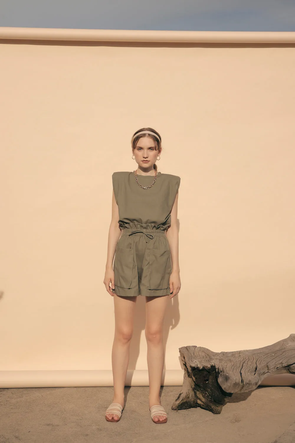LYON SET Two Piece Paperbag Trouser Shorts with Front Pockets and Padded Sleeve Top (Olive Linen)