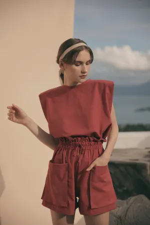 LYON SET Two Piece Paperbag Trouser Shorts with Front Pockets and Padded Sleeve Top (Rust Linen)