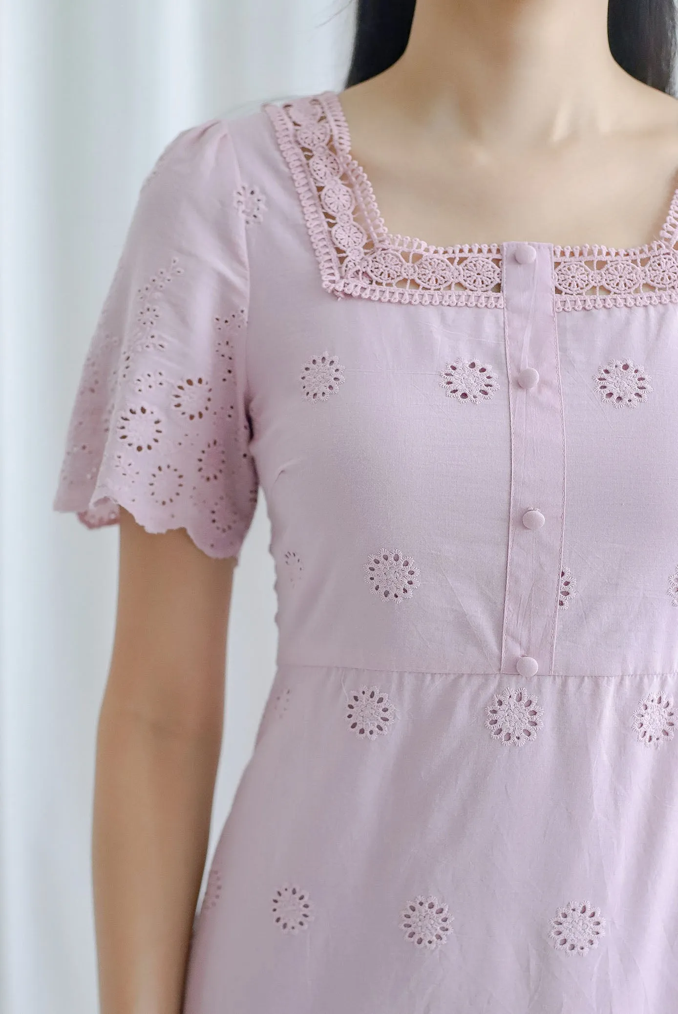 Mabelle Eyelet Square Neck Sleeve Dress In Pink