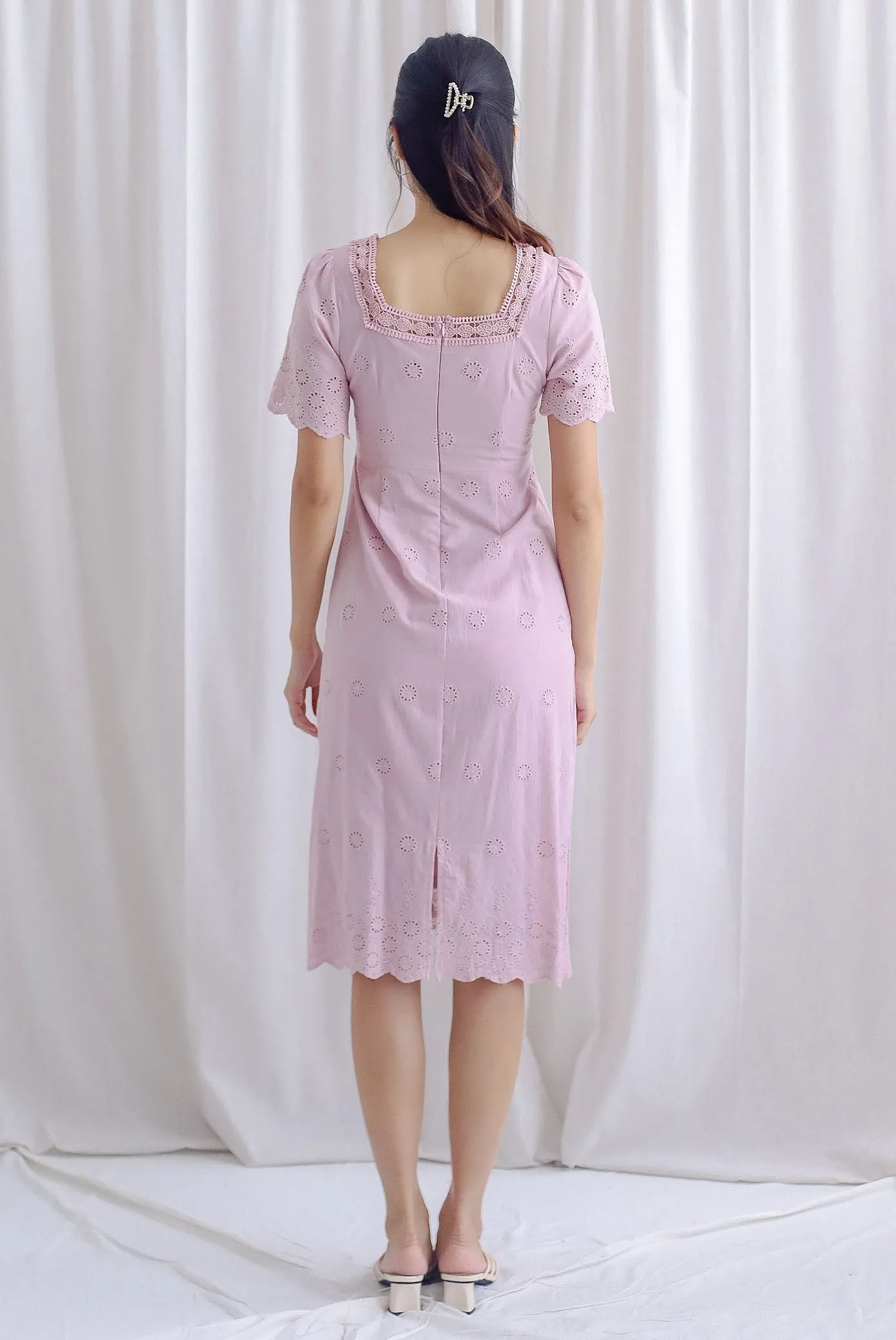 Mabelle Eyelet Square Neck Sleeve Dress In Pink