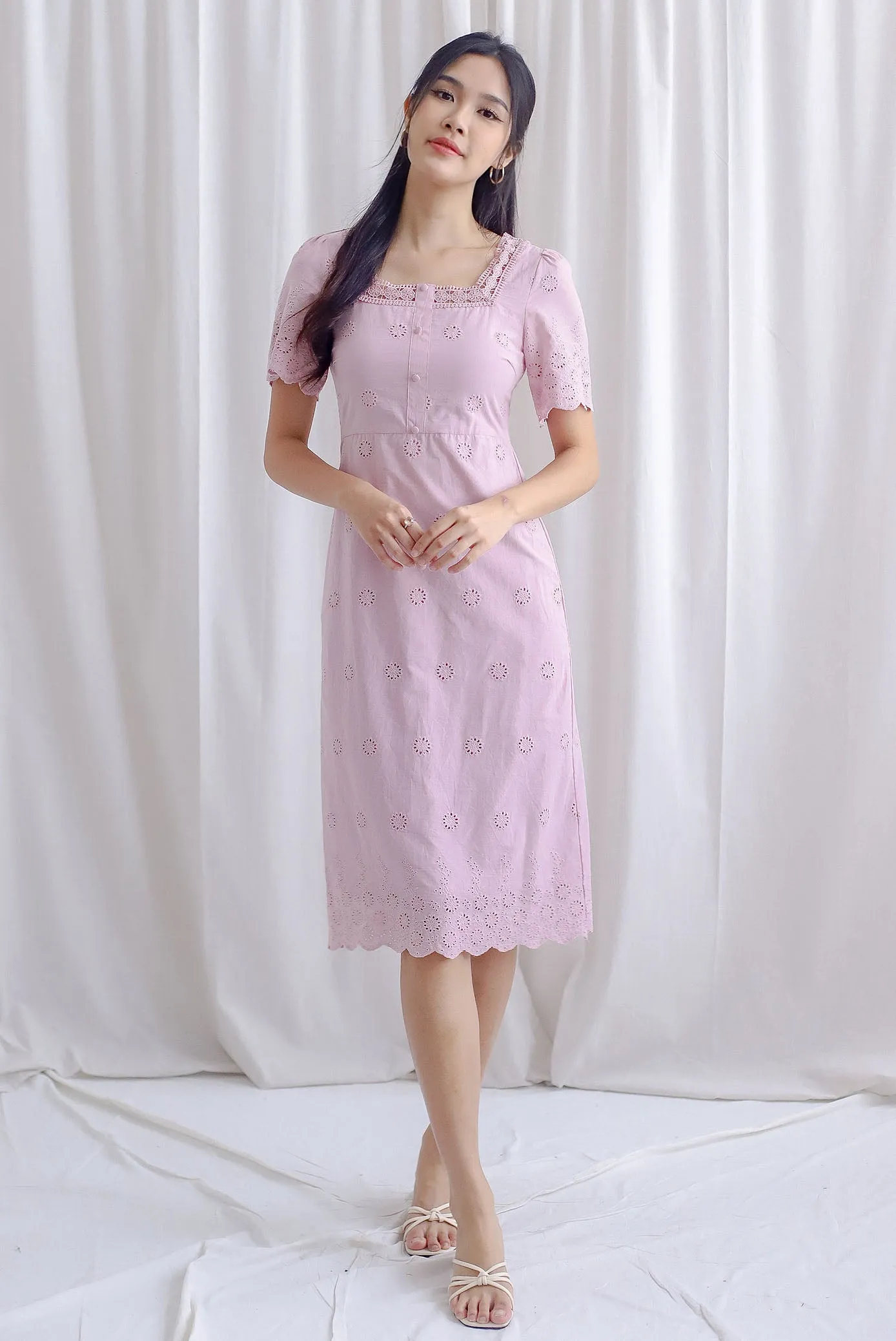 Mabelle Eyelet Square Neck Sleeve Dress In Pink