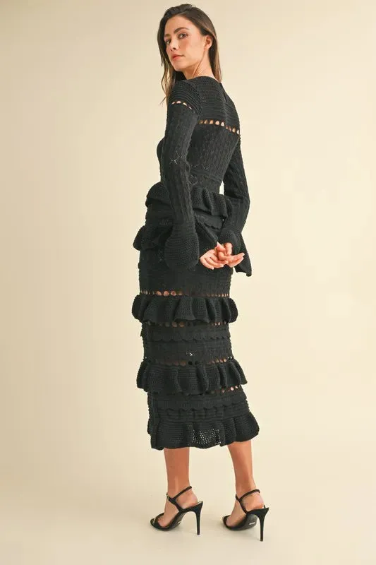 MABLE Long Sleeve Tiered Ruffle Knit Midi Dress
