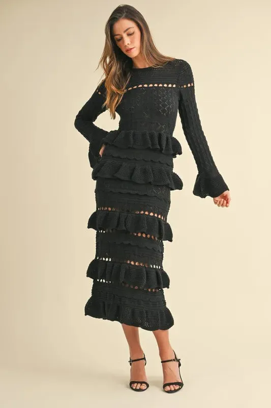 MABLE Long Sleeve Tiered Ruffle Knit Midi Dress
