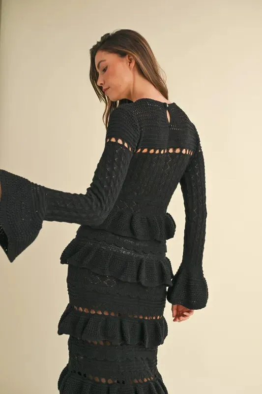 MABLE Long Sleeve Tiered Ruffle Knit Midi Dress