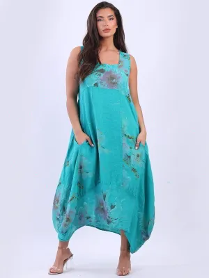 Made in Italy Square Neck Sleeveless Blossom Maxi Dress ~ Aqua