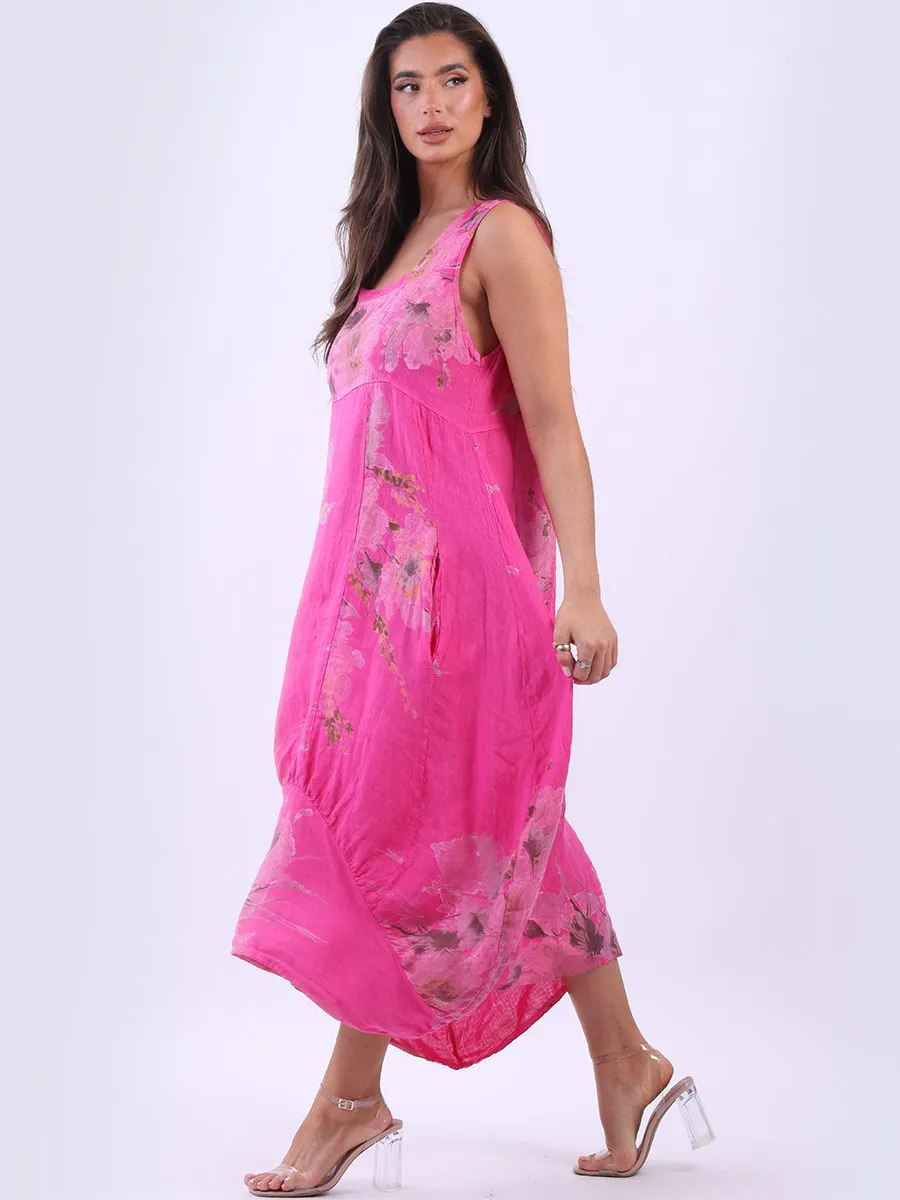 Made in Italy Square Neck Sleeveless Blossom Maxi Dress ~ Fuschia