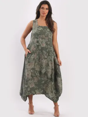 Made in Italy Square Neck Sleeveless Soft Floral Maxi Dress ~ Khaki