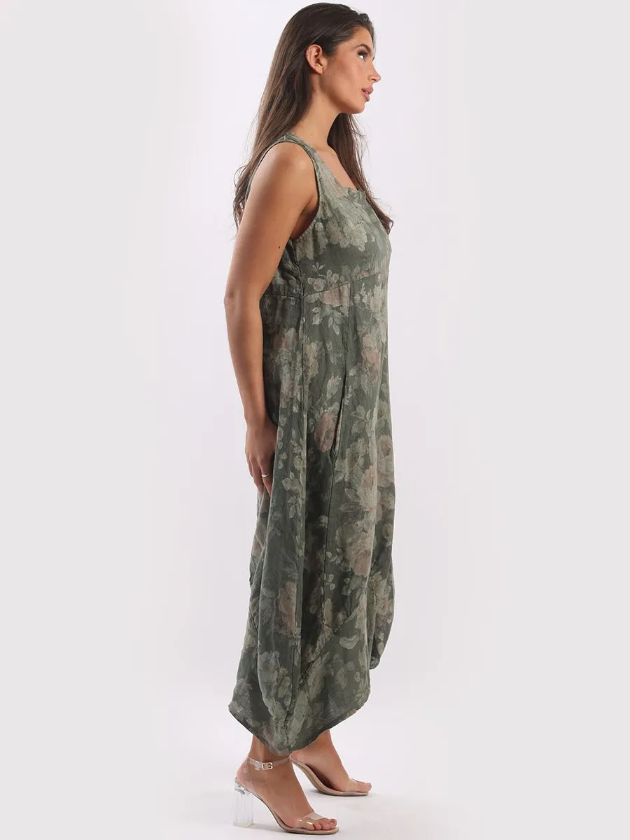 Made in Italy Square Neck Sleeveless Soft Floral Maxi Dress ~ Khaki