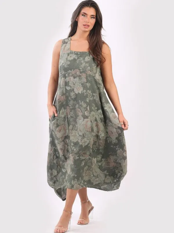 Made in Italy Square Neck Sleeveless Soft Floral Maxi Dress ~ Khaki