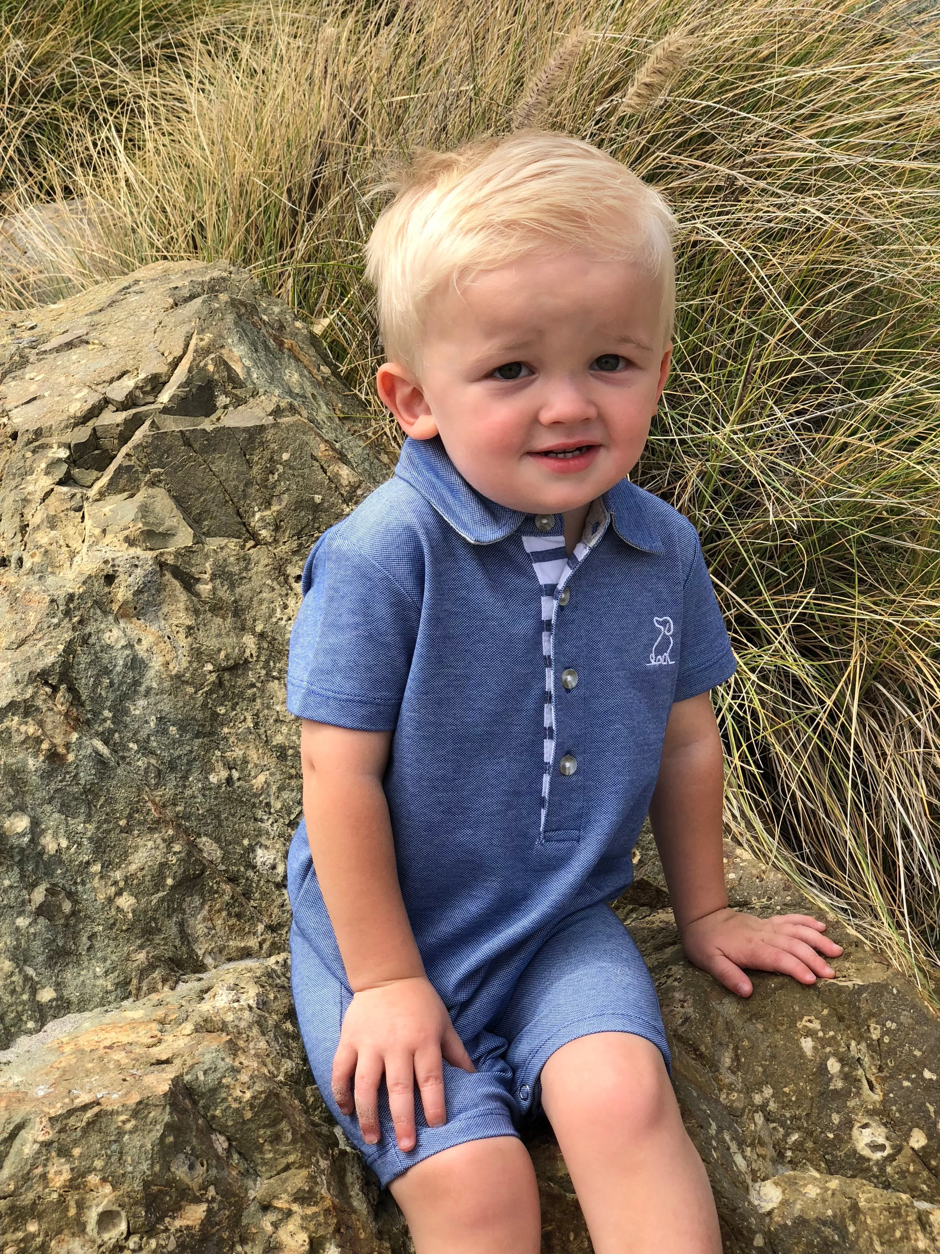 Me & Henry Blue Pique Polo Romper