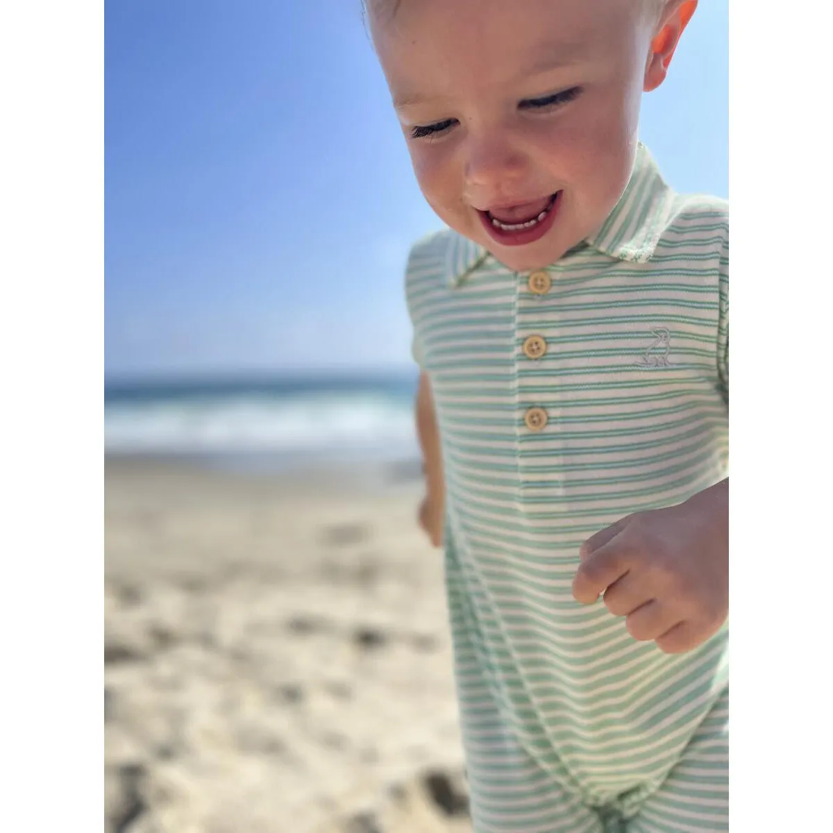 Me & Henry Green/Cream Stripe Pique Polo Drift Romper