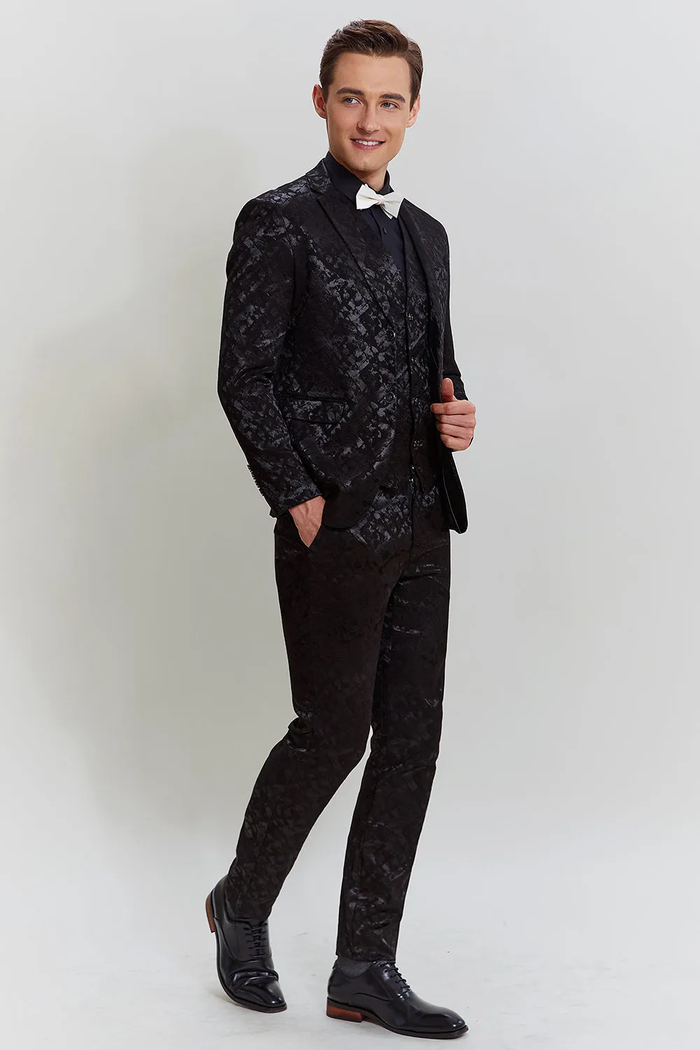 Men's Black 3-piece Jacquard Jacket Vest Pants Suit