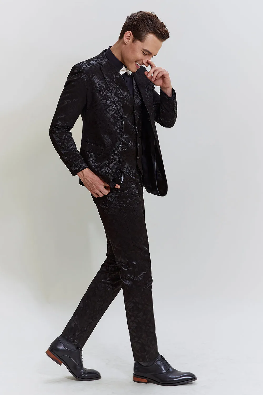 Men's Black 3-piece Jacquard Jacket Vest Pants Suit